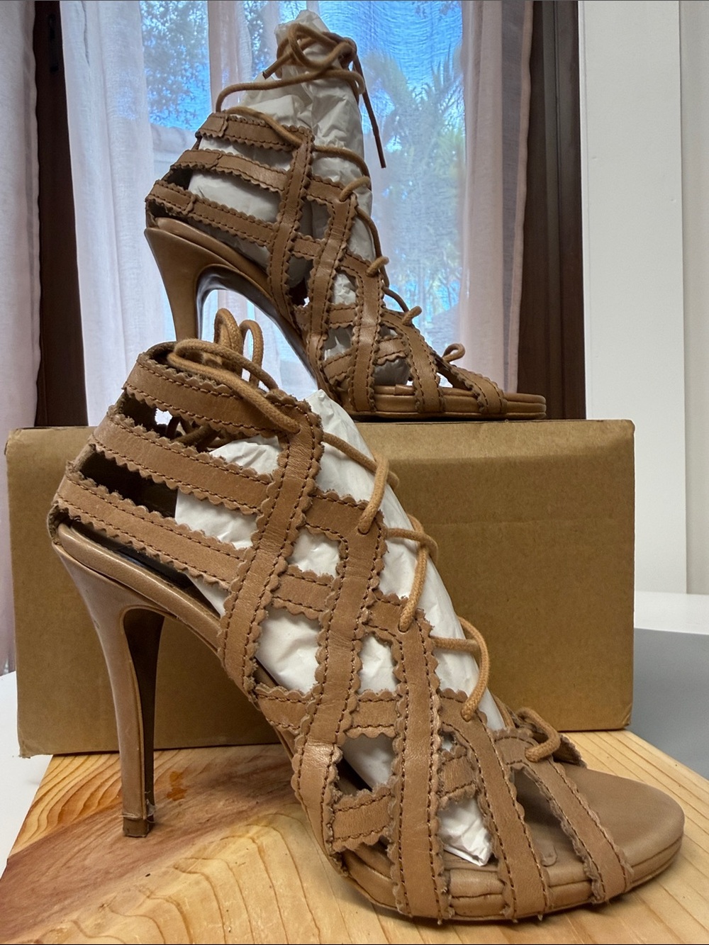 Zara tan leather lace-up heeled sandals